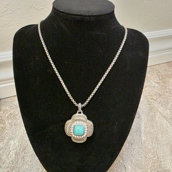 four leaf clover necklace turquoise two tone rhodium setting with cubic zirconia - Picture 1 of 8